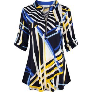 Women Black & Blue Floral 3/4 Sleeve Shirts Zip Up V Neck Work Chiffon Blouses